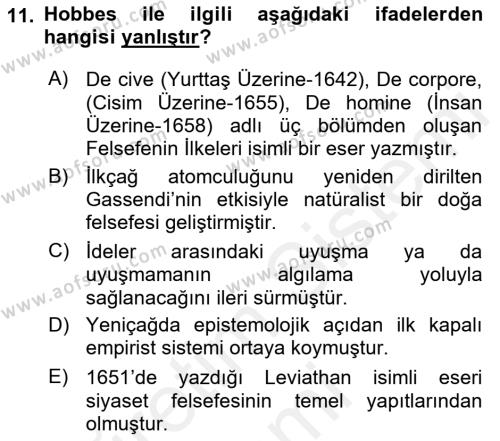 Modern Felsefe 1 Dersi 2018 - 2019 Yılı (Final) Dönem Sonu Sınavı 11. Soru