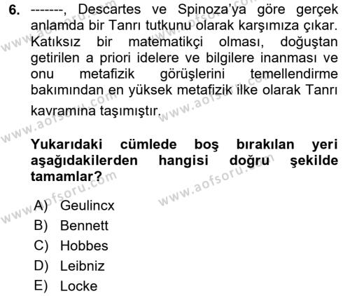 Modern Felsefe 1 Dersi 2018 - 2019 Yılı (Final) Dönem Sonu Sınavı 6. Soru