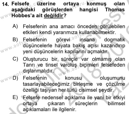 Modern Felsefe 1 Dersi 2018 - 2019 Yılı Yaz Okulu Sınavı 14. Soru