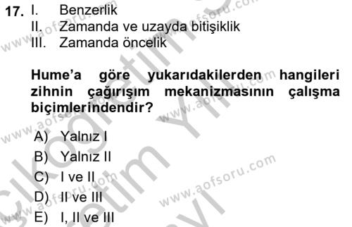 Modern Felsefe 1 Dersi 2018 - 2019 Yılı Yaz Okulu Sınavı 17. Soru