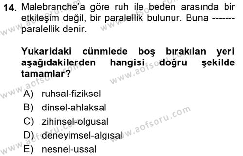 Modern Felsefe 1 Dersi 2019 - 2020 Yılı (Vize) Ara Sınavı 14. Soru