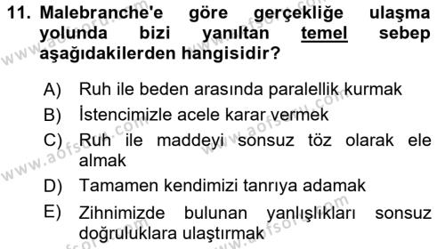 Modern Felsefe 1 Dersi 2019 - 2020 Yılı (Final) Dönem Sonu Sınavı 11. Soru