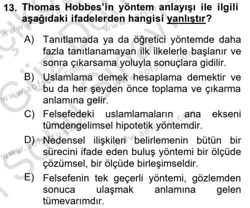 Modern Felsefe 1 Dersi 2019 - 2020 Yılı (Final) Dönem Sonu Sınavı 13. Soru