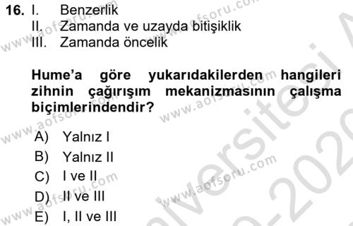 Modern Felsefe 1 Dersi 2019 - 2020 Yılı (Final) Dönem Sonu Sınavı 16. Soru