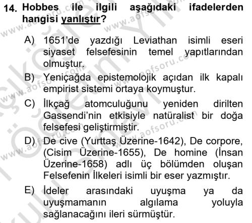 Modern Felsefe 1 Dersi 2020 - 2021 Yılı Yaz Okulu Sınavı 14. Soru