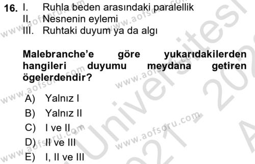 Modern Felsefe 1 Dersi 2021 - 2022 Yılı (Vize) Ara Sınavı 16. Soru