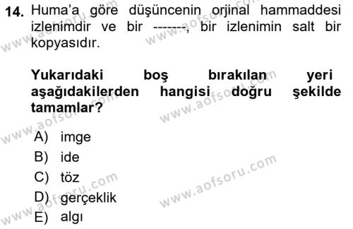 Modern Felsefe 1 Dersi 2021 - 2022 Yılı (Final) Dönem Sonu Sınavı 14. Soru