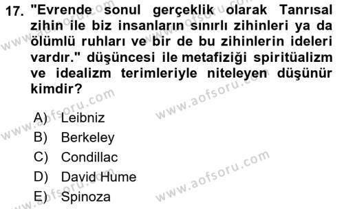 Modern Felsefe 1 Dersi 2021 - 2022 Yılı (Final) Dönem Sonu Sınavı 17. Soru