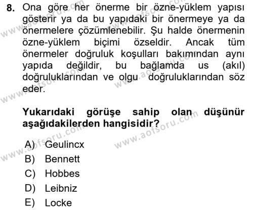 Modern Felsefe 1 Dersi 2021 - 2022 Yılı (Final) Dönem Sonu Sınavı 8. Soru