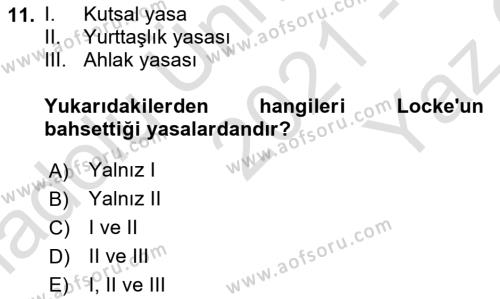 Modern Felsefe 1 Dersi 2021 - 2022 Yılı Yaz Okulu Sınavı 11. Soru