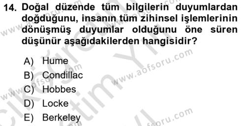 Modern Felsefe 1 Dersi 2021 - 2022 Yılı Yaz Okulu Sınavı 14. Soru