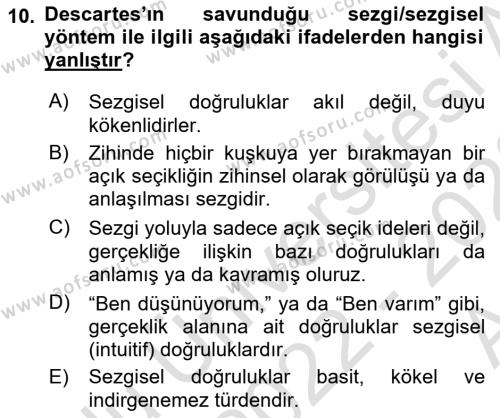 Modern Felsefe 1 Dersi 2022 - 2023 Yılı (Vize) Ara Sınavı 10. Soru