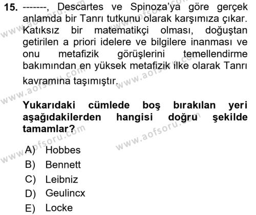 Modern Felsefe 1 Dersi 2022 - 2023 Yılı (Vize) Ara Sınavı 15. Soru