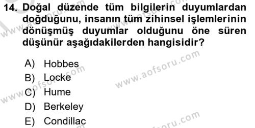 Modern Felsefe 1 Dersi 2022 - 2023 Yılı (Final) Dönem Sonu Sınavı 14. Soru