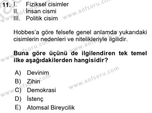 Modern Felsefe 1 Dersi 2022 - 2023 Yılı Yaz Okulu Sınavı 11. Soru