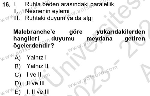 Modern Felsefe 1 Dersi 2023 - 2024 Yılı (Vize) Ara Sınavı 16. Soru