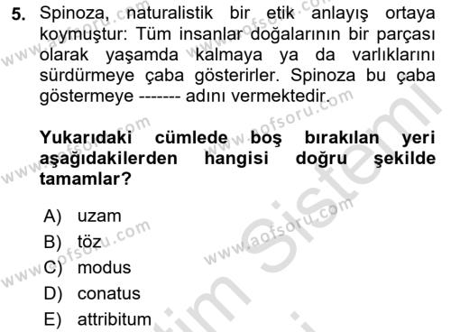 Modern Felsefe 1 Dersi 2023 - 2024 Yılı (Final) Dönem Sonu Sınavı 5. Soru