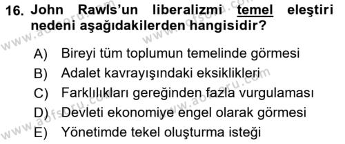 Siyaset Felsefesi 2 Dersi 2018 - 2019 Yılı (Vize) Ara Sınavı 16. Soru