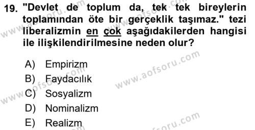 Siyaset Felsefesi 2 Dersi 2018 - 2019 Yılı (Vize) Ara Sınavı 19. Soru