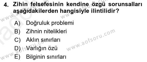 Zihin Felsefesi Dersi 2017 - 2018 Yılı 3 Ders Sınavı 4. Soru