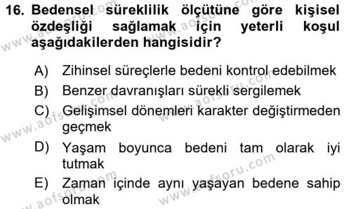 Zihin Felsefesi Dersi 2020 - 2021 Yılı Yaz Okulu Sınavı 16. Soru