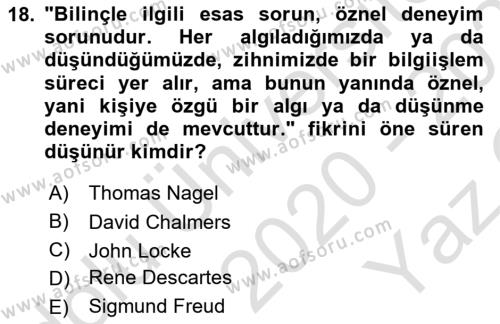 Zihin Felsefesi Dersi 2020 - 2021 Yılı Yaz Okulu Sınavı 18. Soru