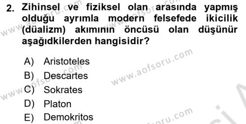 Zihin Felsefesi Dersi 2020 - 2021 Yılı Yaz Okulu Sınavı 2. Soru