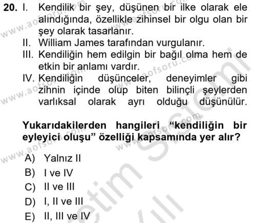 Zihin Felsefesi Dersi 2020 - 2021 Yılı Yaz Okulu Sınavı 20. Soru