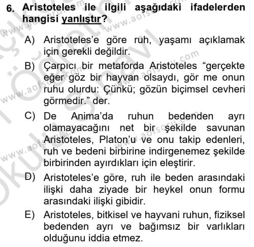 Zihin Felsefesi Dersi 2020 - 2021 Yılı Yaz Okulu Sınavı 6. Soru