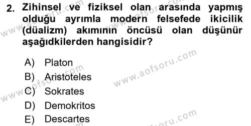 Zihin Felsefesi Dersi 2021 - 2022 Yılı (Vize) Ara Sınavı 2. Soru