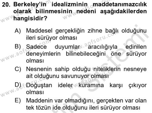 Zihin Felsefesi Dersi 2021 - 2022 Yılı (Vize) Ara Sınavı 20. Soru