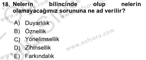 Zihin Felsefesi Dersi 2021 - 2022 Yılı Yaz Okulu Sınavı 18. Soru