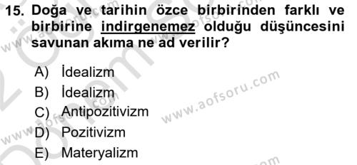 Tarih Felsefesi 2 Dersi 2021 - 2022 Yılı (Final) Dönem Sonu Sınavı 15. Soru