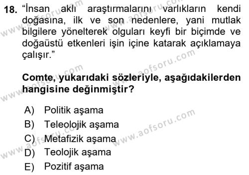 Tarih Felsefesi 2 Dersi 2021 - 2022 Yılı (Final) Dönem Sonu Sınavı 18. Soru