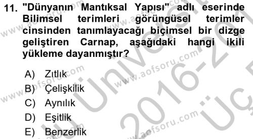 Çağdaş Felsefe 1 Dersi 2016 - 2017 Yılı 3 Ders Sınavı 11. Soru