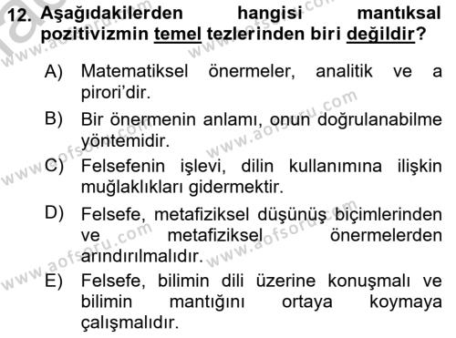 Çağdaş Felsefe 1 Dersi 2016 - 2017 Yılı 3 Ders Sınavı 12. Soru