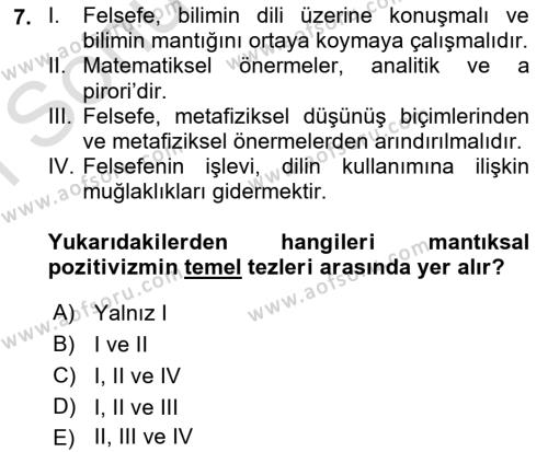 Çağdaş Felsefe 1 Dersi 2019 - 2020 Yılı (Final) Dönem Sonu Sınavı 7. Soru