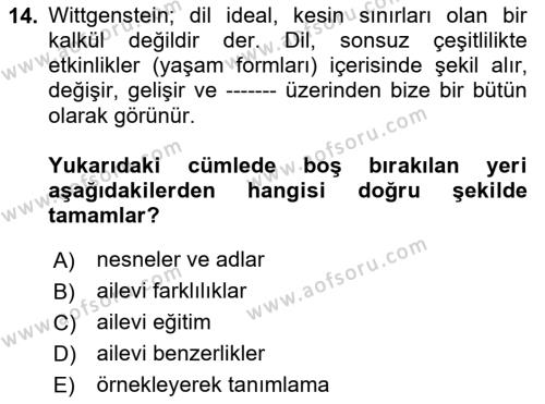 Çağdaş Felsefe 1 Dersi 2020 - 2021 Yılı Yaz Okulu Sınavı 14. Soru