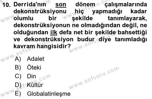 Çağdaş Felsefe 2 Dersi 2021 - 2022 Yılı Yaz Okulu Sınavı 10. Soru