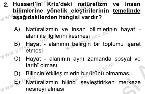 Çağdaş Felsefe 2 Dersi 2021 - 2022 Yılı Yaz Okulu Sınavı 2. Soru