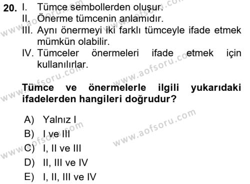 Dil Felsefesi Dersi 2018 - 2019 Yılı (Final) Dönem Sonu Sınavı 20. Soru