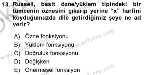 Dil Felsefesi Dersi 2018 - 2019 Yılı Yaz Okulu Sınavı 13. Soru