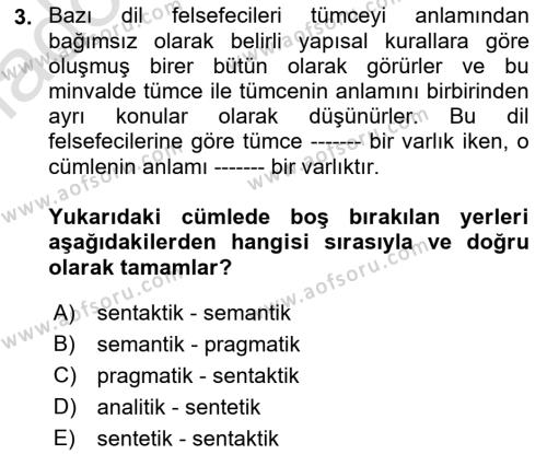 Dil Felsefesi Dersi 2019 - 2020 Yılı (Vize) Ara Sınavı 3. Soru