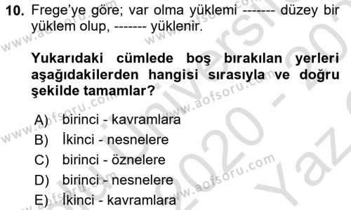 Dil Felsefesi Dersi 2020 - 2021 Yılı Yaz Okulu Sınavı 10. Soru