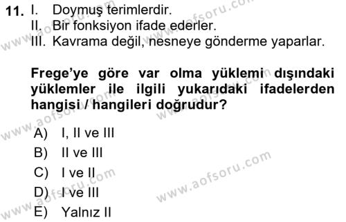 Dil Felsefesi Dersi 2020 - 2021 Yılı Yaz Okulu Sınavı 11. Soru