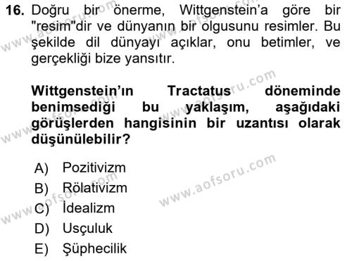 Dil Felsefesi Dersi 2020 - 2021 Yılı Yaz Okulu Sınavı 16. Soru