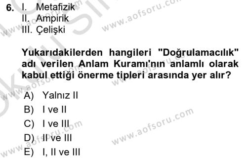 Dil Felsefesi Dersi 2020 - 2021 Yılı Yaz Okulu Sınavı 6. Soru