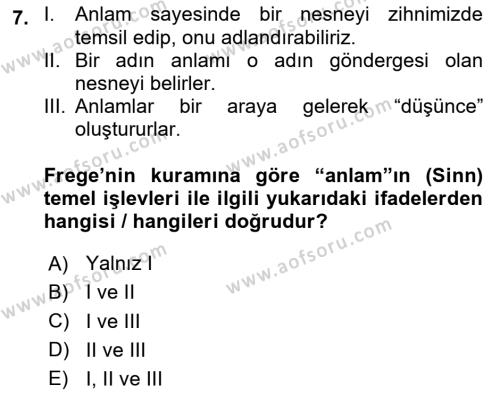 Dil Felsefesi Dersi 2020 - 2021 Yılı Yaz Okulu Sınavı 7. Soru