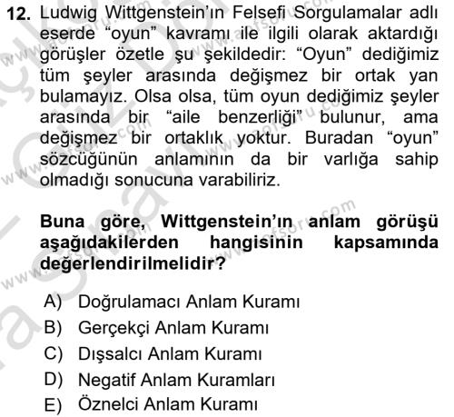 Dil Felsefesi Dersi 2021 - 2022 Yılı (Vize) Ara Sınavı 12. Soru