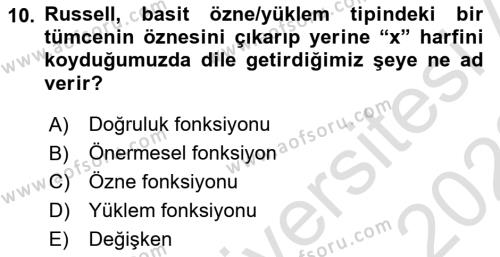 Dil Felsefesi Dersi 2021 - 2022 Yılı (Final) Dönem Sonu Sınavı 10. Soru